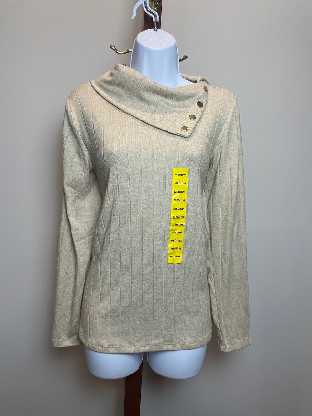 Rafaella Sweater Size M Wheat Heather Ribbed Knit Asymmetrical Cowl Neck NWT